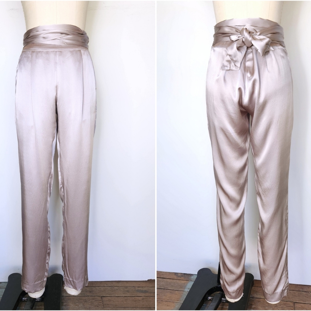 Michelle Mason Silk Pants Belted Wrap On Waist Straight Slim Pants Tie Belt 4